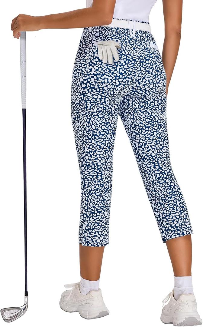 Soneven Womens 4-Way Stretch Ankle Golf Pants 7/8 Casual Dress Work Athletic Travel Workout Sweatpants with 5 Pockets (Small, Leopard)