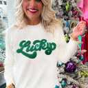 LEMAFER Women 2026 Merry Christmas Round Neck Sequin Letters Sweater Casual Solid Slogan Long Sleeve Pullover Sweatshirt Tops (White, S)