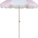 Tempera 7ft Boho Beach & Patio Umbrella with Fringe, Market Umbrellas with UPF 50+ UV & Water-Resistant Canopy, 1.5" Wood Pole & Button Tilt. (Pink White Spliced)