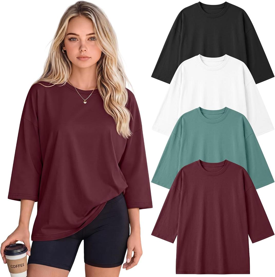 Huukeay 4 Pack Women's Oversized T Shirts Cotton Crewneck 3/4 Sleeve Tops Baggy Loose Fit Gym Workout Basic Casual Tees