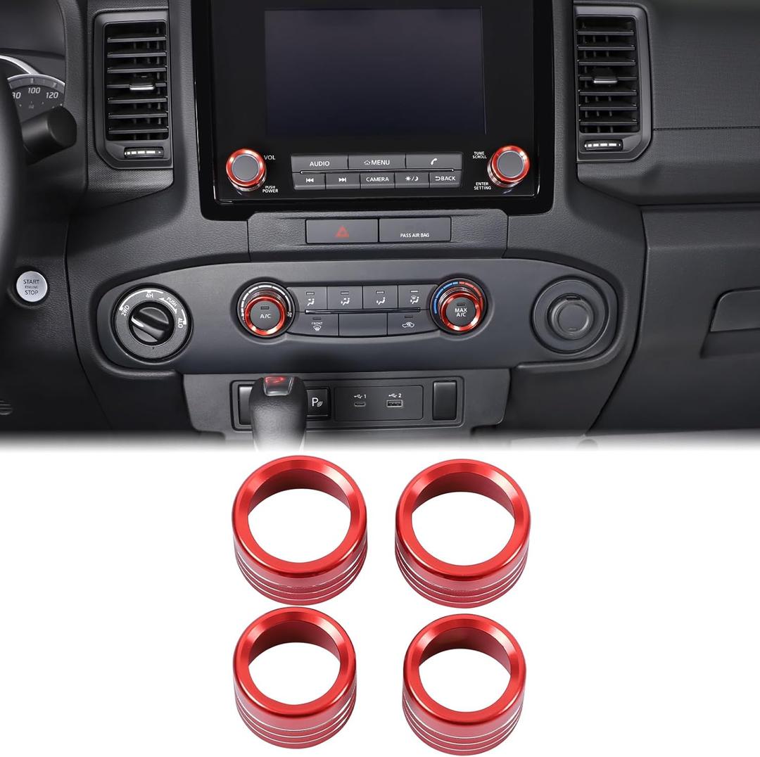 Aunginsy Center Console Air Conditioner Volume Knob Button Circle Cover Compatible with Nissan Frontier 2022-2025 Car 4Pcs A/C Switch Button Knob Trim Ring Radio Volume Knob Protection Accessories (Red)