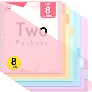Forvencer 8 Count Dividers with Two Pockets, 8 tab Binder Dividers for 3 Ring Binder Organizer, Binder Divider with Tabs for School Office and Home Organization, Multicolor, 1 Set