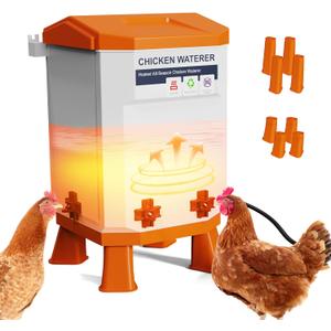 Heated Chicken Waterer, Thermostatically Controlled Poultry Water Heater for Winter, 4 Horizontal Nipples and 8 Support Legs, Anti-Freezing Watering System for Coop Accessories (Orange, 3.2Gallon)