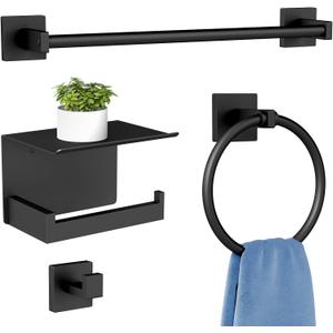 Bathroom Hardware Accessories Set 4-Pieces, Towel Racks for Bathroom Wall Mounted, Stainless Steel 24Inch Black Towel Bar Set, Round Towel Ring, Towel Hook, Toilet Paper Holder with Shelf