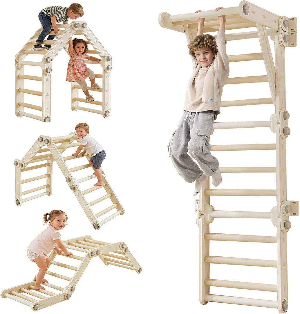 Kids Climbing Toys,Pikler Triangle Set,Plastic Montessori Indoor Play Gym,Multifunction Foldable Indoor Climbing Gym for Kids(Gray)