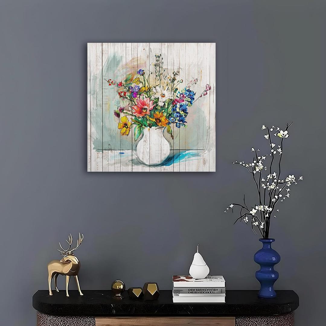Anolyfi Flowers Canvas Wall Art Colorful Florals Picture, Spring Botanical Bloosom Plants Abstract Textured Painting Artwork Framed for Bathroom Bedroom Living Room Kitchen Office Home Decor 20"x20"