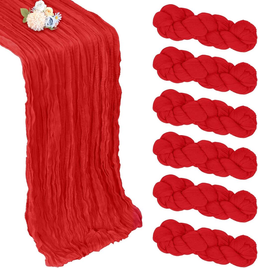 6 Pack Red Cheesecloth Table Runner 10ft Boho Gauze Fabric Cheese Cloth Table Runner 35 x 120 Inch Rustic Sheer for Holiday Baby Shower Home Dcor Party Wedding Decoration