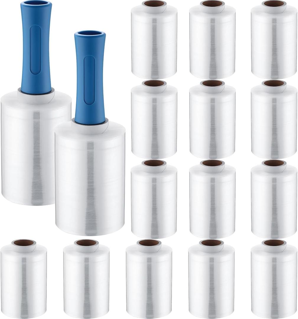 Jutom 16 Pcs Mini Stretch Film Industrial Shrink Wrap Roll Plastic Film for Moving 2 Handles 5" x 1000 ft Pallet Wrap Packaging Self Adhering Shipping for Moving Furniture Packing (Clear,Blue)
