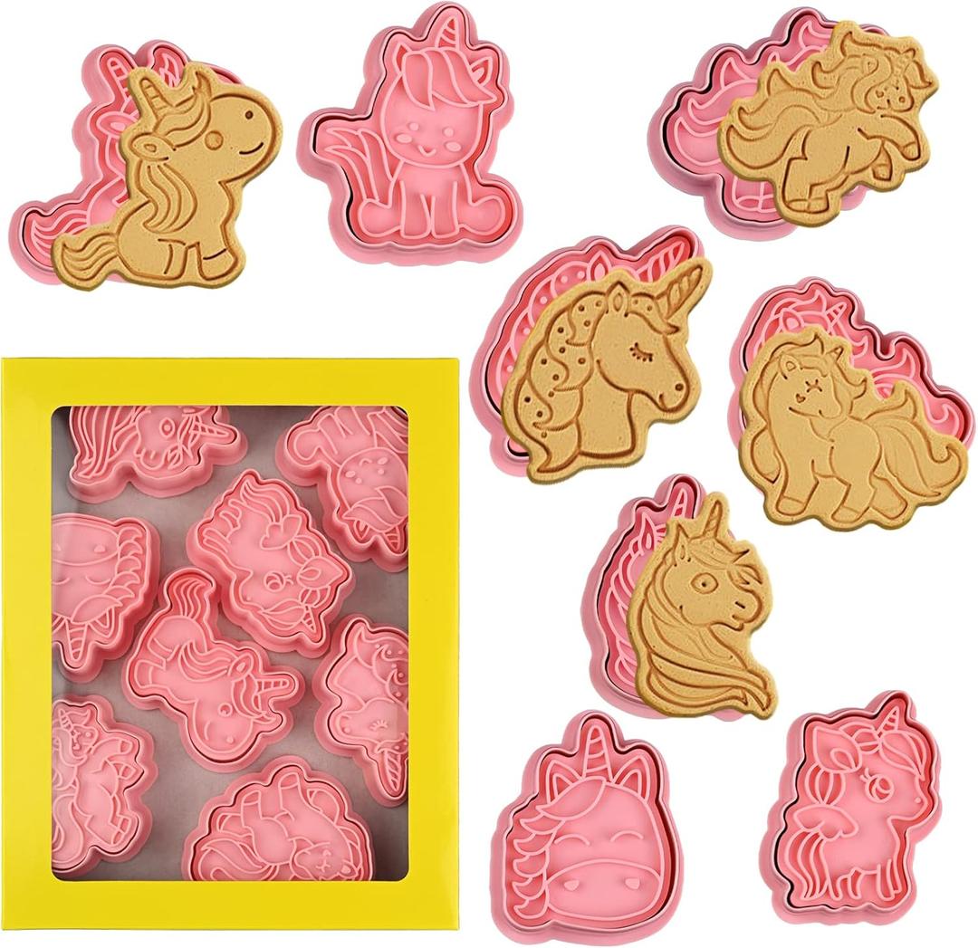 8 Piece Unicorn Cookie Cutter Set With Plunger Stamps - Unicorn Head Embossing Stamps For Biscuit Fondant Cheese Baking