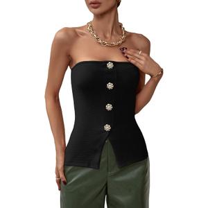 OYOANGLE Summer Going Out Tops for Women 2025 Button Front Sleeveless Strapless Tube Top (Large, Black Solid)