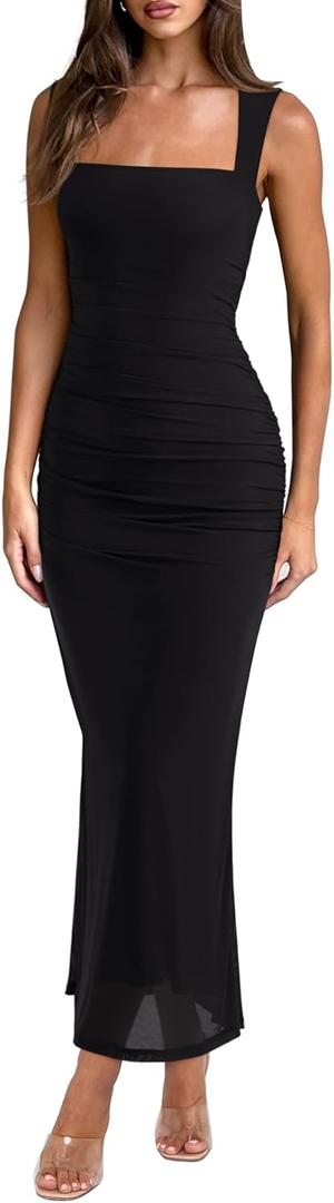 REORIA Summer Wedding Guest Maxi Dresses for Women Sleeveless Square Neck Sheer Mesh Ruched Bodycon Long Dress Trendy Clothes (Black, M)