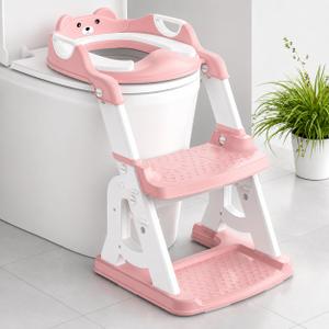 Meulife Potty Training Seat, Upgrade 2 in 1 Potty Training Toilet for Toddler, Toddler Toilet Seat for Boys Girls with Support Bar, AntiSlip Pad and Step Stool (Pink)