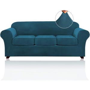 PrinceDeco Velvet Couch Covers for Sofa Soft 4 Pieces Couch Covers for 3 Cushion Couch Sofa Pet Friendly Furniture Protector with Non Slip Elastic Bottom Width Up to 90 Inch(Large, Deep Teal)