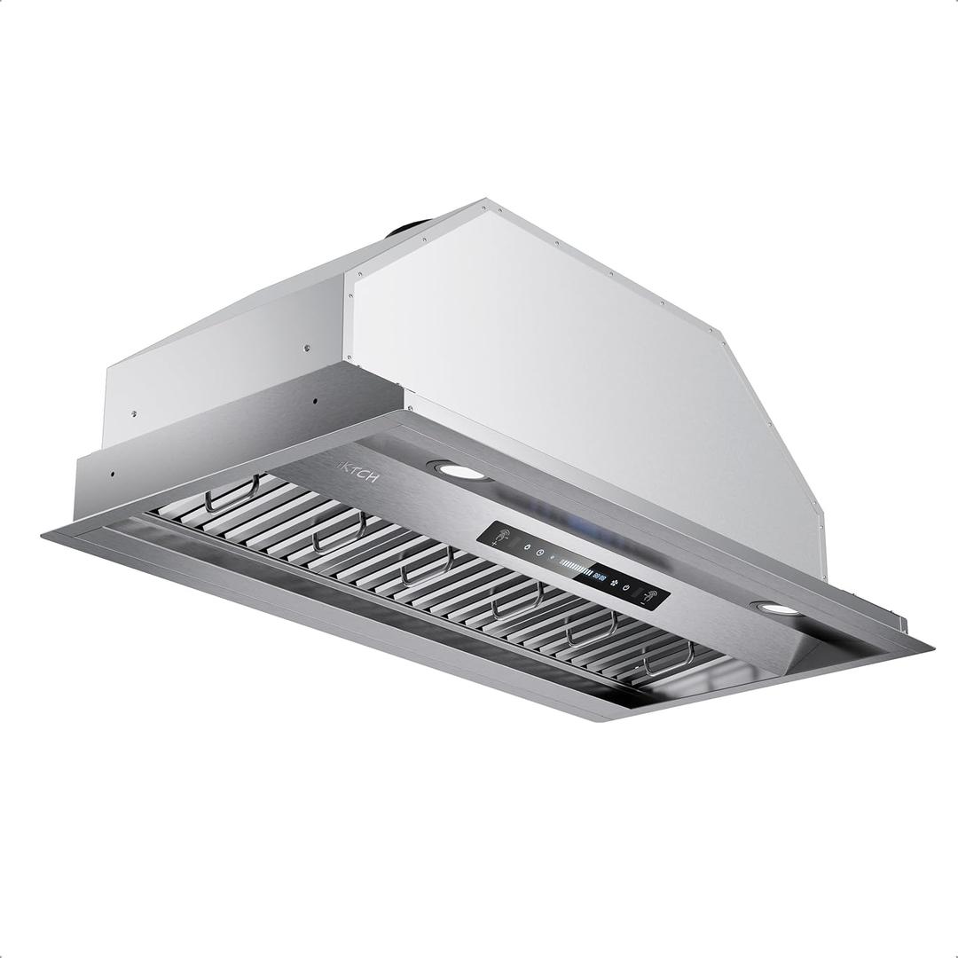 IKTCH 42 inch Built-in/Insert Range Hood 900 CFM, Ducted/Ductless Convertible Duct, Stainless Steel Kitchen Vent Hood with 2 Pcs Adjustable Lights and 3 Pcs Baffle Filters with Handlebar