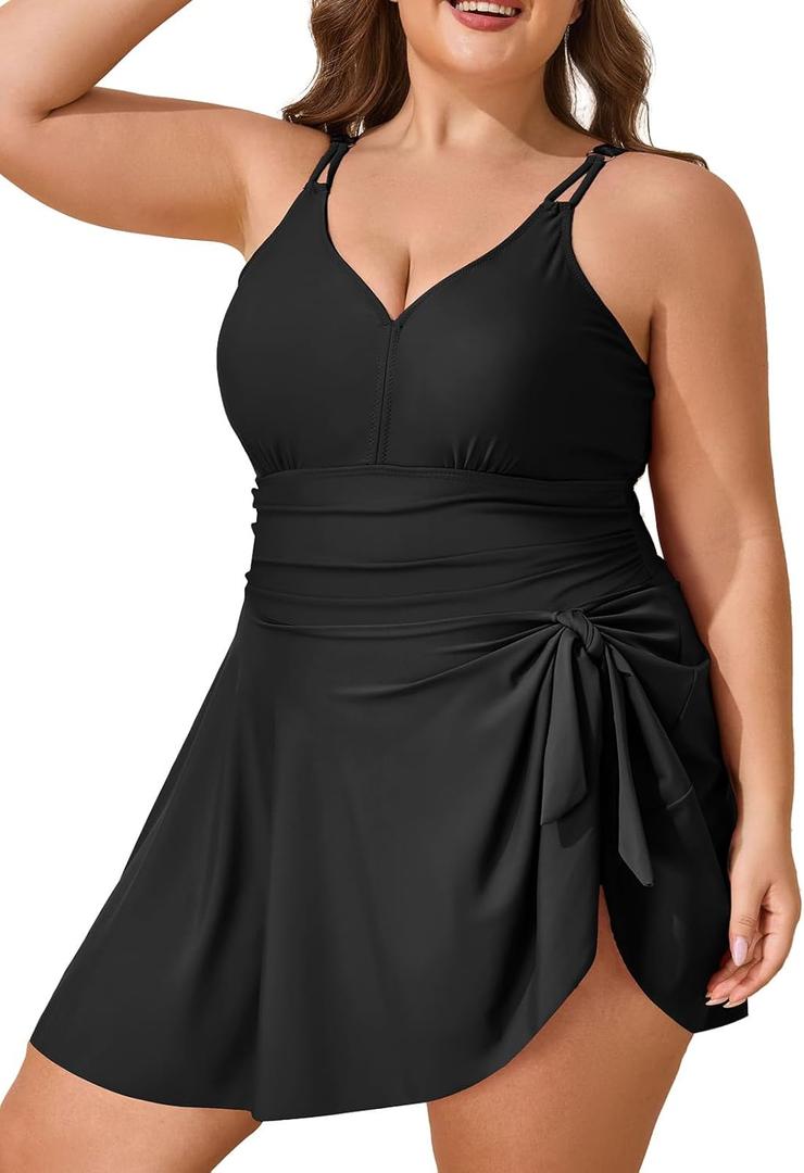 Summer Mae Plus Size Swimsuit for Women One Piece Swim Dress Tummy Control Bathing Suit with Flowy Skirt Modest Swimwear (Black), Size: 22W