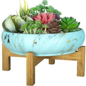 ARTKETTY Succulent Pots - 10 Inch Large Bonsai Pots with Drainage Stand, Ceramic Planters for Indoor Plants, Round Marble Cactus Flower Plant Container Bowl (Lake Blue)