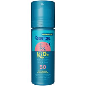 Coppertone Kids Roll On Sunscreen Lotion SPF 50, Tear Free Kids Sunscreen with Blue Color and Zinc Oxide Sun Protection, 2.5 Fl Oz Tube
