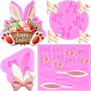 Mujiang Easter Fondant Molds Bunny Ears Silicone Mold Rabbit Ears Bow Chocolate Candy Mold For Easter Cake Decorating Cupcake Topper Polymer Clay Gum Paste Set Of 4