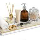 Bathroom Vanity Tray for Countertop, 12" x 6" Oak Wood Toilet Tank Tray with Metal Guardrail, Bathroom Organizer for Soap, Perfume & Skincare, Non-Slip Decorative Tray for Dresser, Gold & White