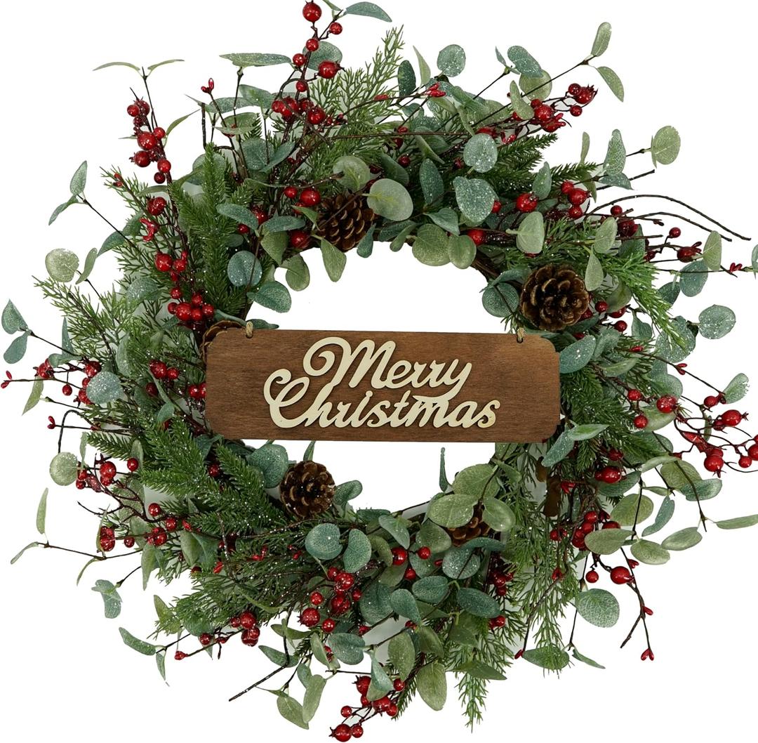Christmas Wreaths for Front Door,Artificial Christmas Wreath with Sparkling Leaves and Pine Needles are paired with Plump Pine and red Berries,Wreath for Indoor Wall Window Decor.