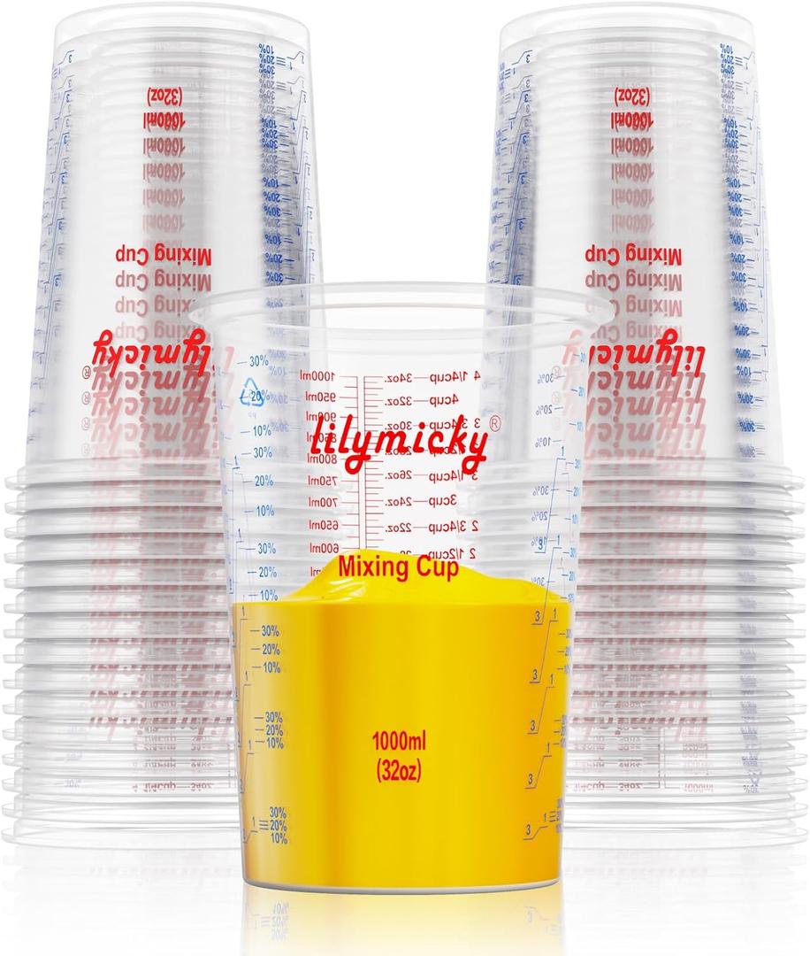 25 PACK Plastic Measuring Cups, 32 oz (1000ml) Disposable Mixing Cups, Measurement ratios: 2:1, 3:1, 4:1, Perfect for Epoxy Resin, Paint Mixing, Art DIY
