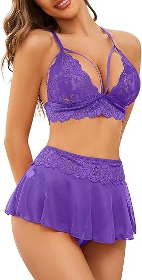 PITINAN Sexy Lingerie for Women Naughty 3 Piece Lace Bralette, Mini Skirt with G-String Crotchless Teddy Lingerie Set S
