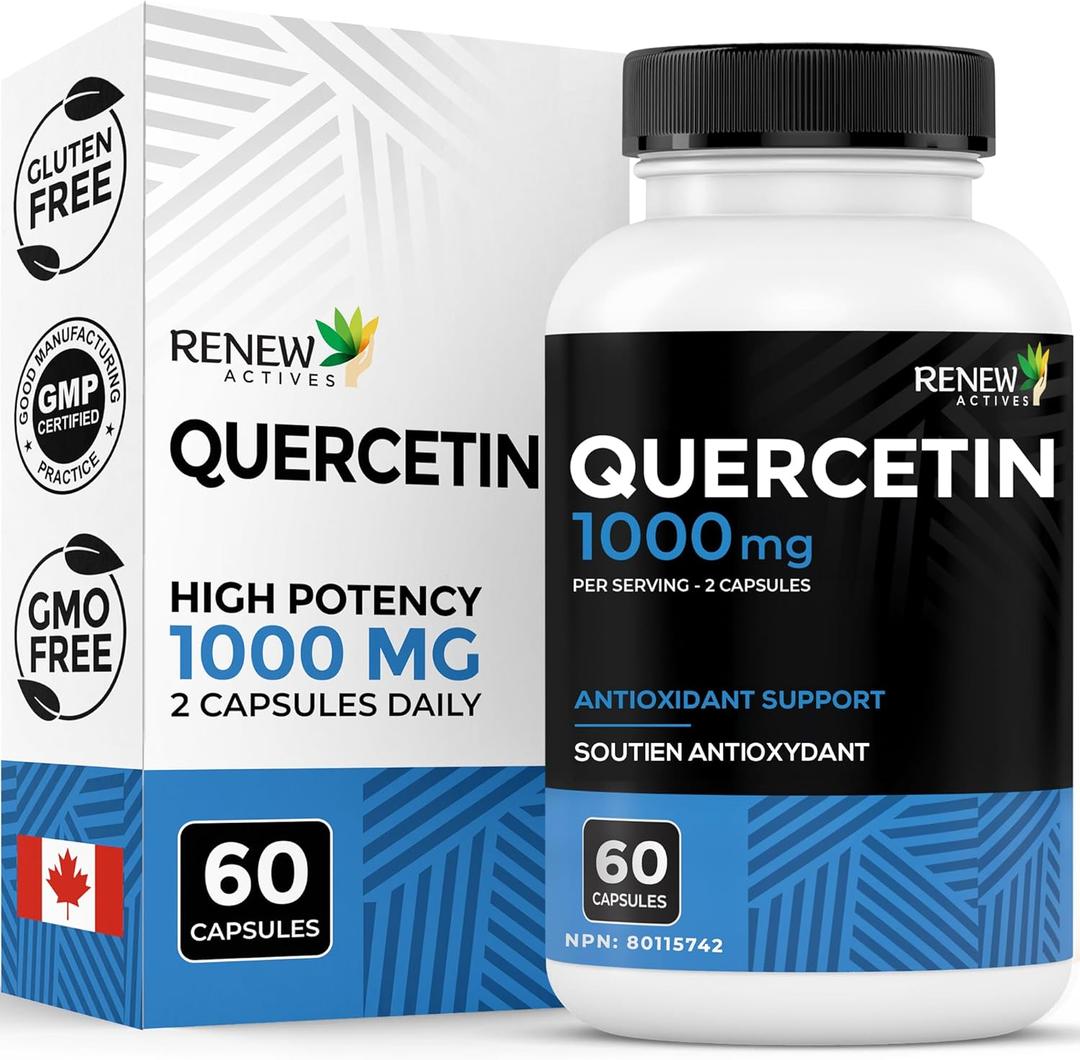 Renew Actives Quercetin 1000MG per 2 Capsules Max Potency Natural Bioflavonoid for Antioxidant Protection Neutralizes Free Radicals & Supports Blood Vessel Health Made in Canada 60 Capsules (BBD: 02/2026)