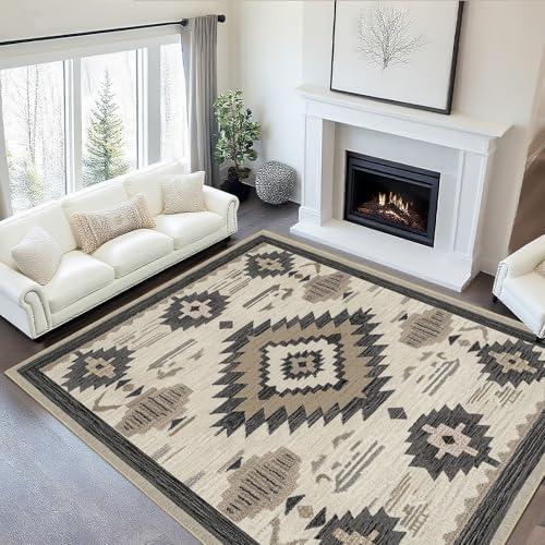 9x12 Area Rug for Living Room Western Rug Aztec Southwestern Rugs Machine Washable Tribal Navajo Southwest Rug Non Slip Printed Low-Pile Indoor Floor Carpet for Dining Room Bedroom Office, Beige ,and Western Rug 2x3 for Entryway Southwestern Aztec Ar