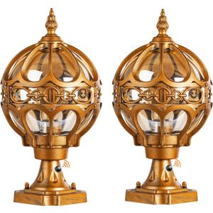 2Pack Dusk to Dawn Gold Outdoor Post Lights, Exterior Waterproof Rustproof Sphere Outside Post Lamps Fixture, Farmhouse Aluminum Pillar Lantern for Porch House Pathway Fence Yard Garden Patio