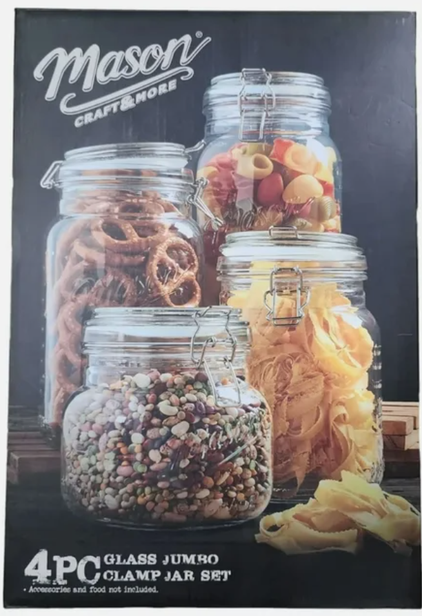 Mason Craft and More 4 Piece Set Glass Clamp Jar Storage Kitchen Craft Set