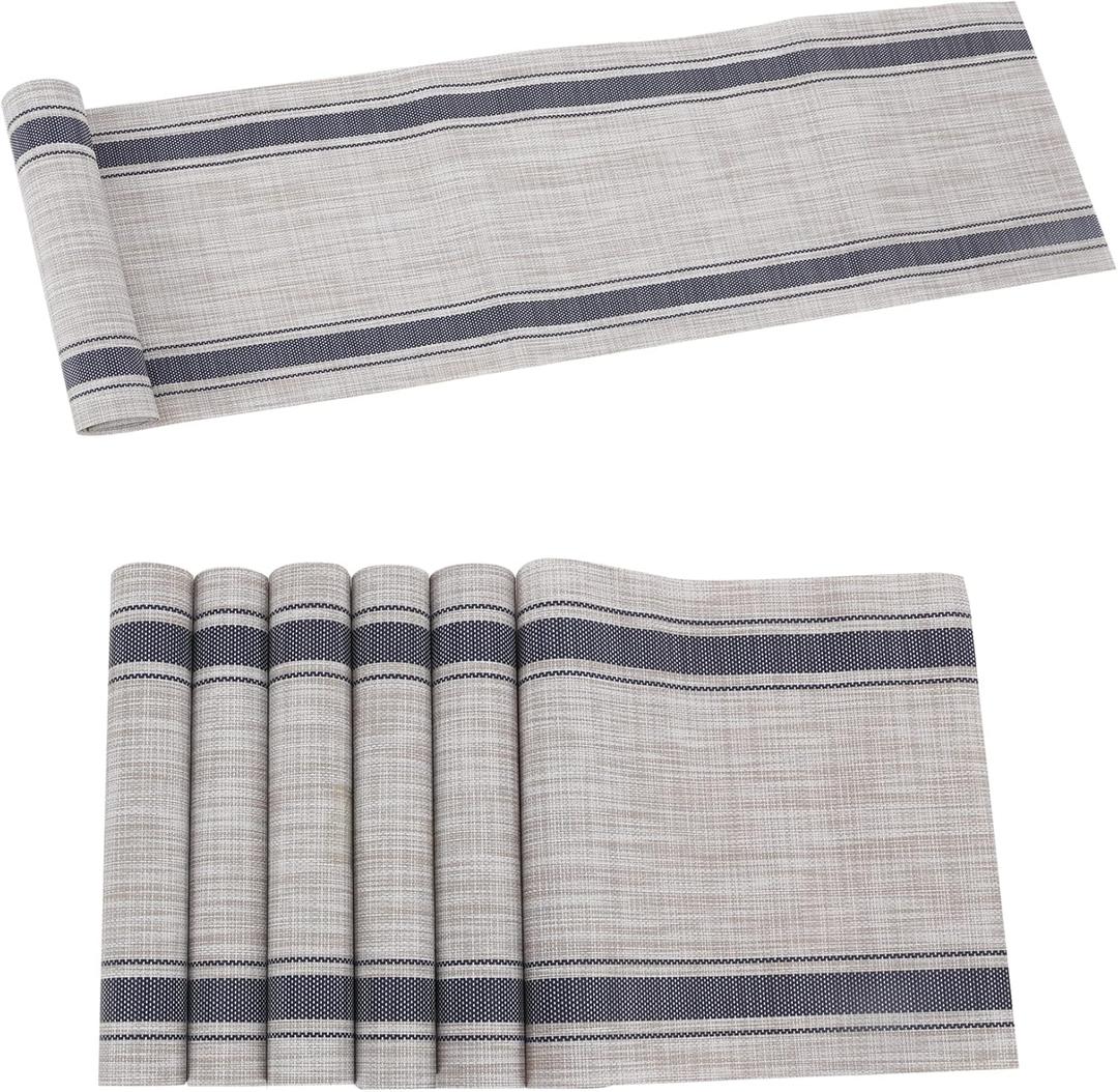 Table Runner with Set of 6 Placemats Vinyl Washable Easy Clean for Dining Table Heat-resistand PVC Placemats Set for Family Dinner Kitchen Dining Table Decoration(Blue)