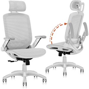 GABRYLLY Ergonomic Office Chair, High Back Home Desk Chair with Headrest, Flip-Up Arms, 90-120 Tilt Lock and Wide Cushion, 300LBS Mesh Chairs for Man Woman, White Task Chair(Grey,GY01WG)