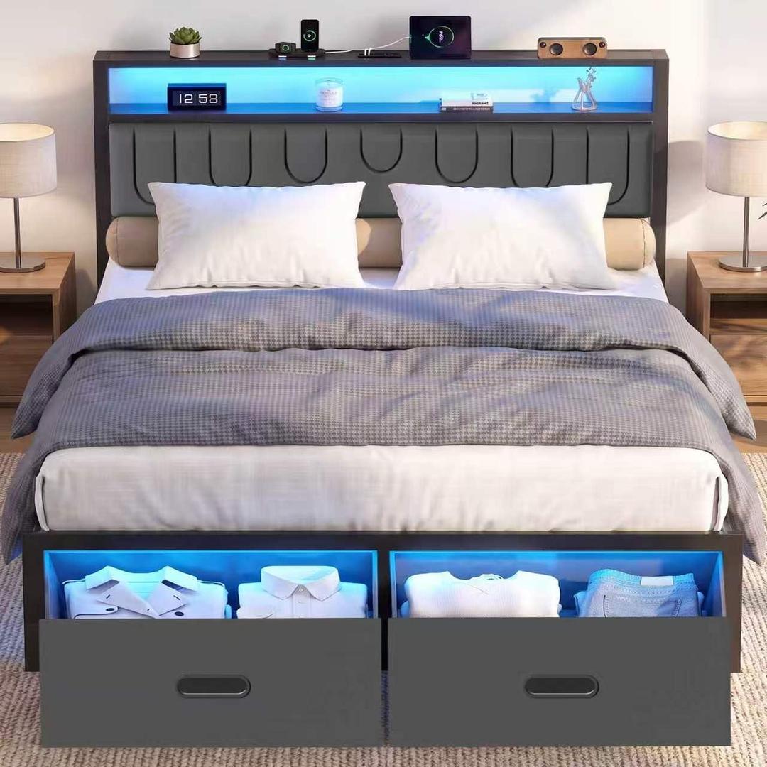 Queen Bed Frame with 2 Drawers, Platform Bed Frame with LED Lights and Charging Station, Upholstered Headboard, Heavy Duty Metal Slats, No Box Spring Needed, Noise Free, Easy Assembly