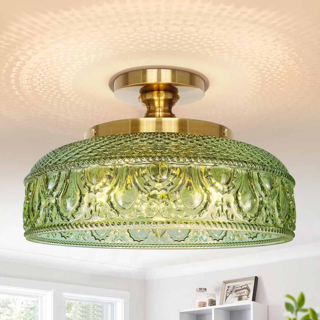 Lamomo Semi Flush Mount Ceiling Light, Upgraded Larger Green Hallway Light Fixture, 3-Bulb Globe Glass Close to Ceiling Scone, Indoor Hanging Light for Bedroom Kitchen Porch Hallway,Bulbs Not Included (12.2'')