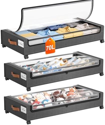 Yecaye 70 L Under Bed Storage with Wheels, 3 Pack Larger Capacity Under Bed Storage Containers, Underbed Shoe Storage Organizer, Rolling Under Bed Metal Drawers for Clothes, Blankets, Hemp Grey