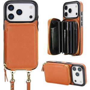 Bocasal Crossbody Wallet Case for iPhone 17 Pro, RFID Blocking Leather Purse Case with Card Holder, Protective Handbag Flip Cover with Zipper Wrist Strap Lanyard for Women 5G 6.3 Inch (Brown)