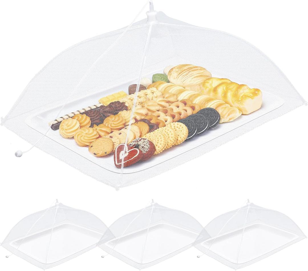 Baderke 8 Pack Plastic Serving Trays with Food Covers 15" x 11" Reusable Serving Platters 16" x 12" Foldable Mesh Food Tents Christmas Party Supplies Set for Outdoor Picnics Bar Fruit Cookies Dessert