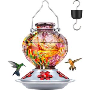 BOLITE Hummingbird Feeder, Hand Blown Glass Hummingbird Feeders for Outdoors Hanging, with Ant Moat and 5 Feeding Ports, 22 Ounces, Peony Flower Shape, Purple, Gifts for Women Men, Gifts for Mom Dad