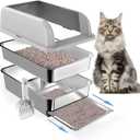 23.6"x15.7"x6" Enclosed Stainless Steel Litter Box with Lid, XL Sifting Litter Box for Pine Pellets with Removable Drawer Pan for Easy Cleaning, High Sides Large Metal Litter Box System for Big Cats