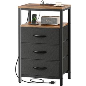 Huuger Nightstand with Charging Station, 27.6 Inch End Table Bedside Table with USB Ports and Outlets, Fabric Drawers, Night Stand for Bedroom, Rustic Brown and Black