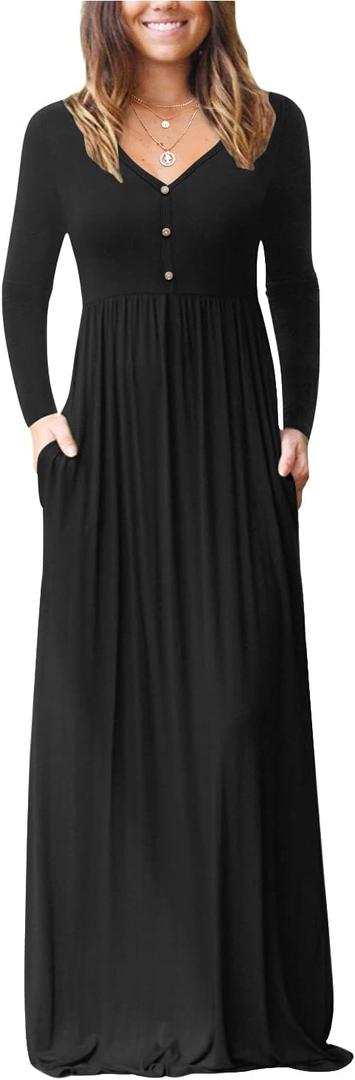 GRECERELLE Womens Long Sleeve V Neck Casual Button Maxi Dress 2025 with Pockets (XX-Large, 01 Black)