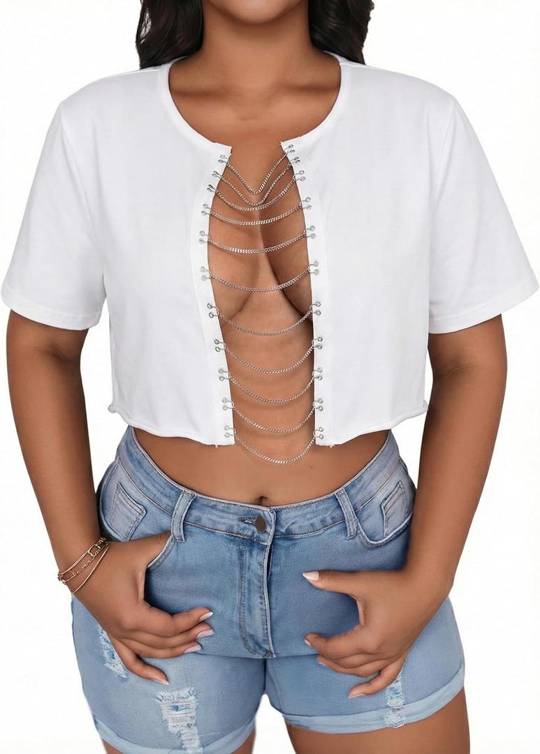 Hilinker Women's Sexy Graphic Crop Tops Summer Cut Out Chain Shirts Short Sleeve Cropped Tee (Medium, White)