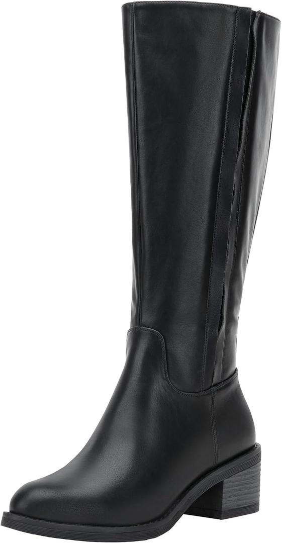 Jeossy Women's Knee High Tall Faux Leather Boots (Black, 10)