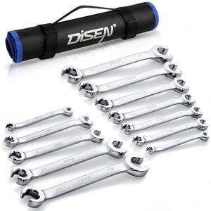 DISEN Flare Nut Wrench Set Metric and SAE 12-Piece Inch1/4 to 7/8" & 6-21mm, CR-V Steel Brake Line Wrench Set with Organizer Pouch,Father's Gift