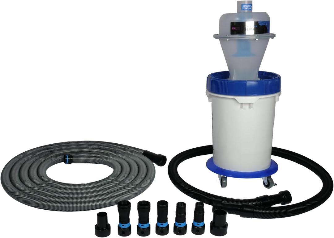 Cen-Tec Systems Assembled Quick Click Dust Separator and 5 Gallon Locking Collection Bin with Caster Dolly and Power Tool Adapter Set with 30 Ft. Hose