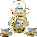20 Pieces Porcelain Tea Set With Metal Holder, European Ceramic tea set for adults,Flower Tea Set,Tea Set For Women With Flower Painting (Large version, Sky Blue)