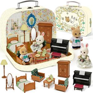 Dollhouse Bedroom Furniture Accessories Suitcase Set for Kids, 2 Flexible Dolls/ Table/ Bed/ Bedclothes/ Floor Lamp/ Safety Mirror/ Wardrobe/ Piano/ Stool, Pretend Play Christmas Birthday Gift for Girls 3+