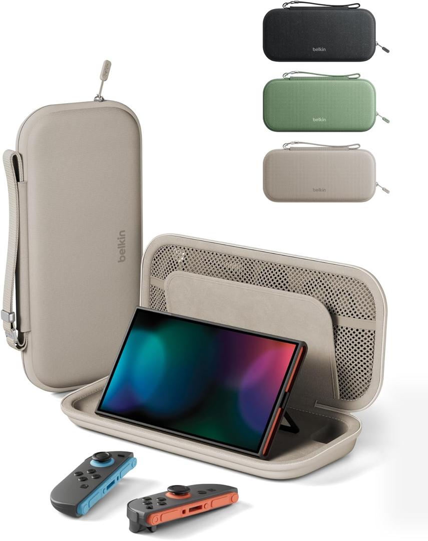 Belkin Nintendo Switch 2 Case, Travel Bag w/AirTag Holder & Storage Pocket for Up to 12 Game Cards - Portable, Lightweight Carrying Case w/Hard Shell, Soft Interior, Switch 2 Accessories - Sand