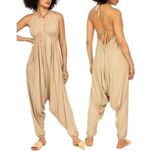 Likemary Halter Top Harem Jumpsuits for Women - Comfy One Piece Romper with Pockets - Sexy Boho Vacation Outfit for Summer (Beige) One Size