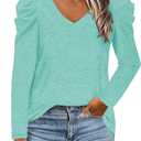 LCXWFE Womens Tunic Tops Puff Sleeve Casual V Neck Long Sleeve Shirts Solid Color S-2XL (Medium, 06a-mint Green)